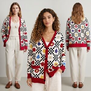 Kina & Tam Floral Funky Cardigan Oversized Knit Sweater Retro Fried Egg Check L